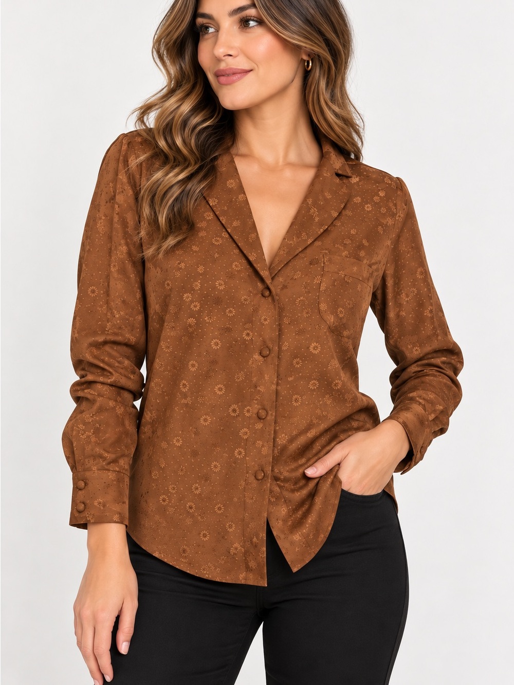 Sezane Brown Floral-Print Button-Front Blouse